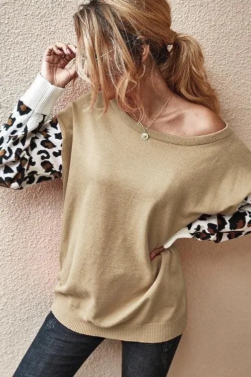 ANIMAL COLOR BLOCK LOOSE SHOULDER TOP SWEATER