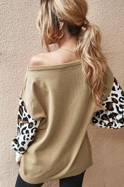 ANIMAL COLOR BLOCK LOOSE SHOULDER TOP SWEATER