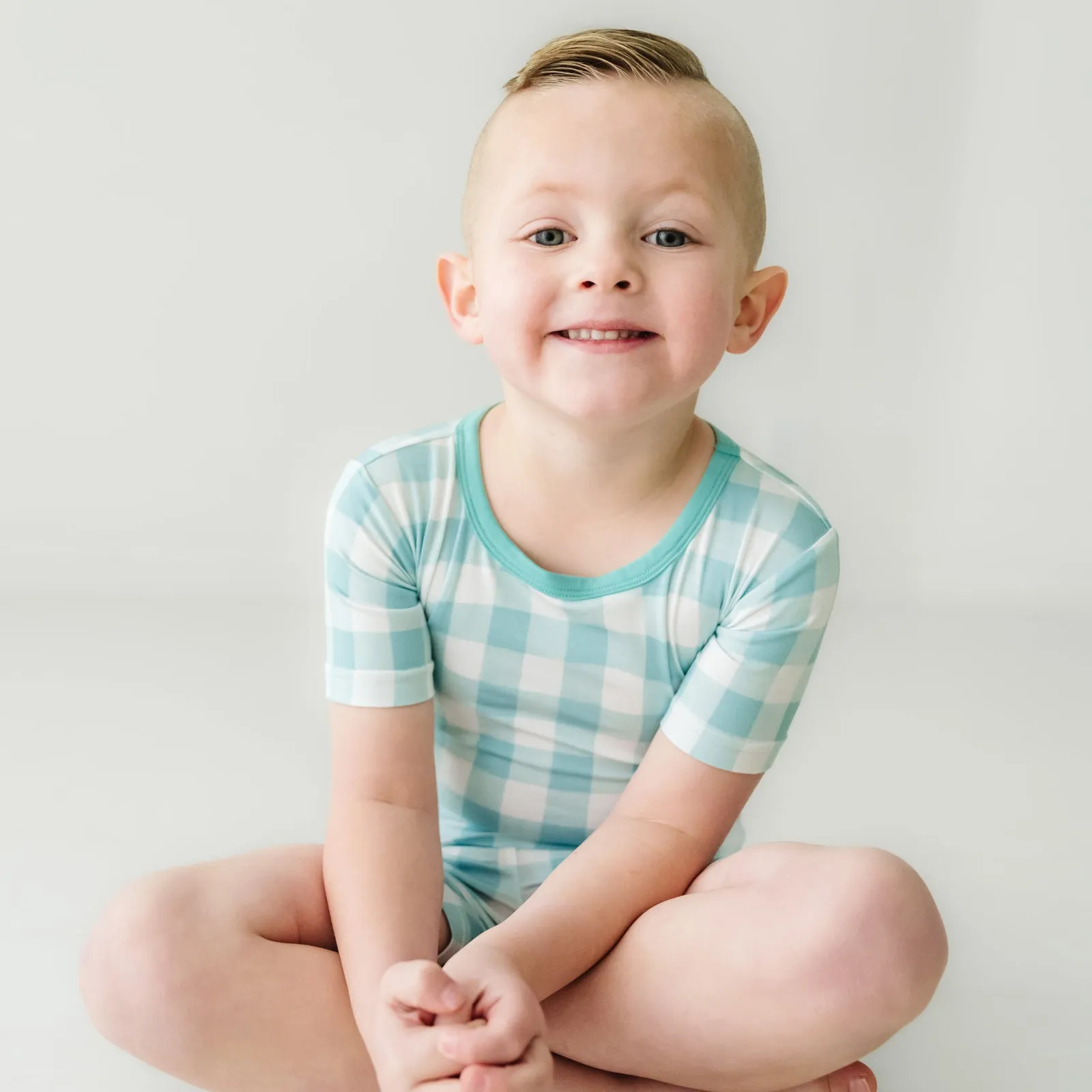 Aqua Gingham Two-Piece Short Sleeve & Shorts Pajama Set