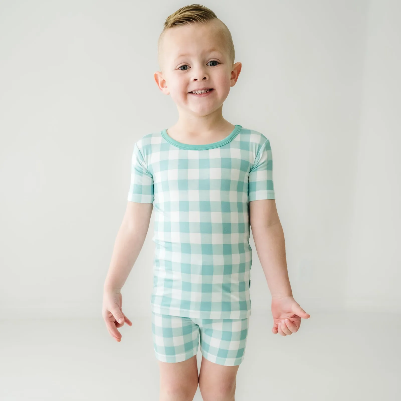 Aqua Gingham Two-Piece Short Sleeve & Shorts Pajama Set