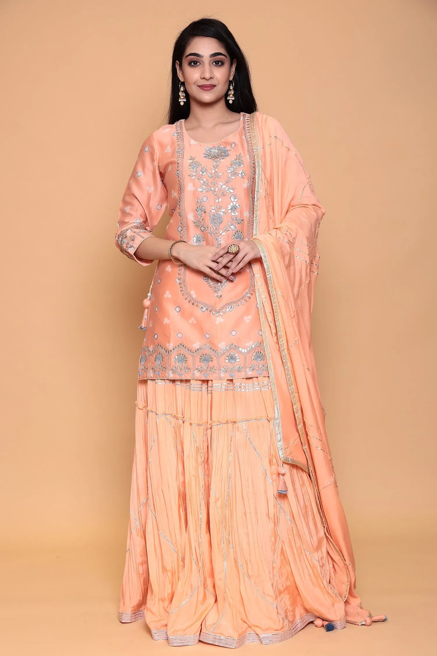 Bandhej Cotton Silk Suit with Gota Patti, Thread work.