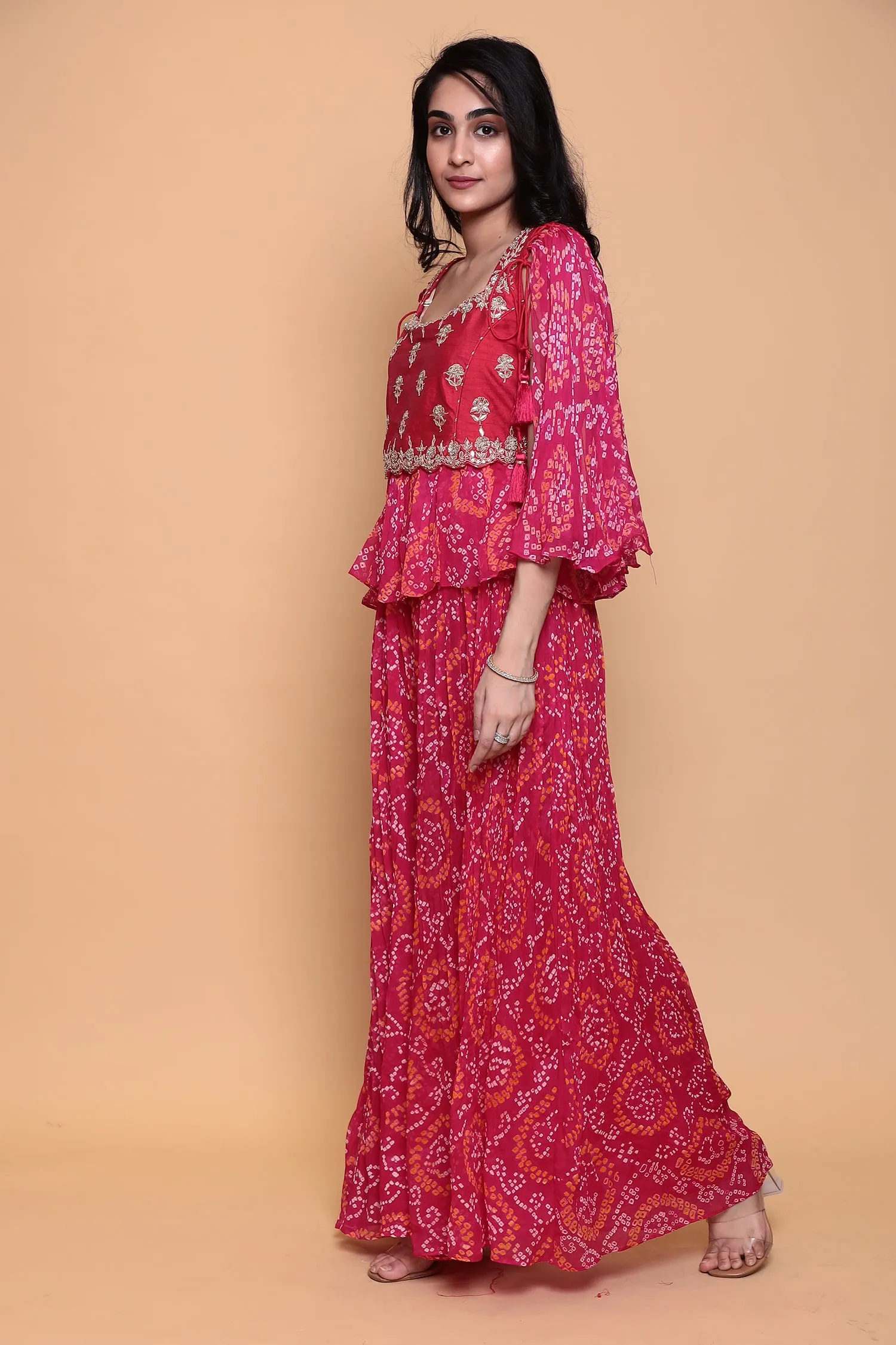 Bandhej Georgette Jump Suit with Gota Patti work.