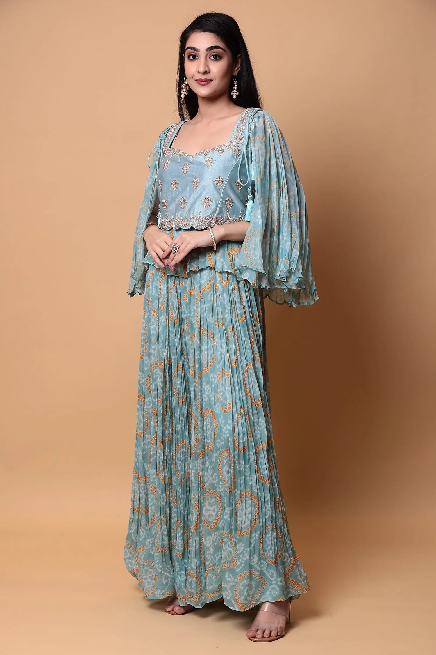 Bandhej Georgette Jump Suit with Gota Patti work.