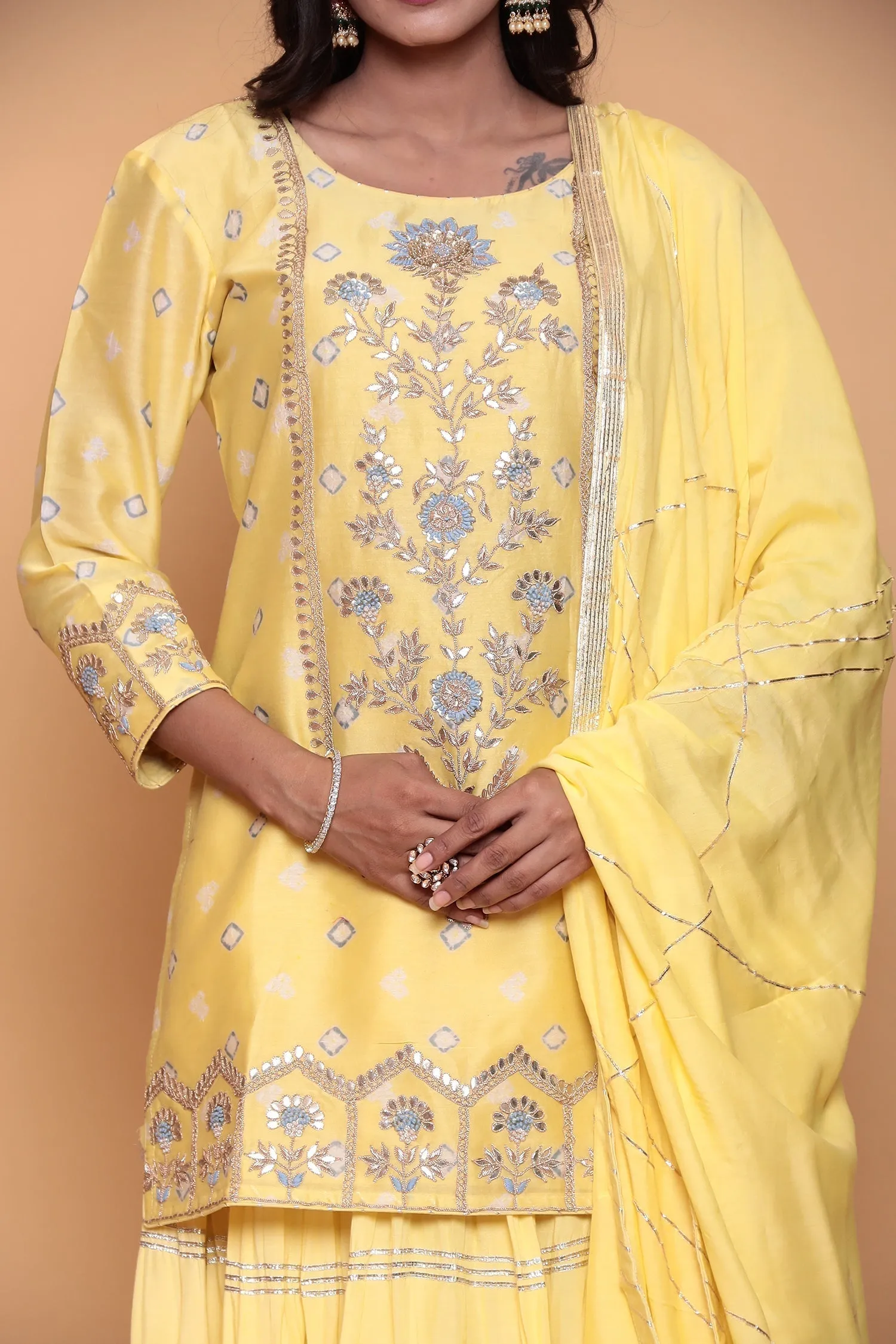 Bandhej Silk Suit with Gota, Gota Patti, Thread work.