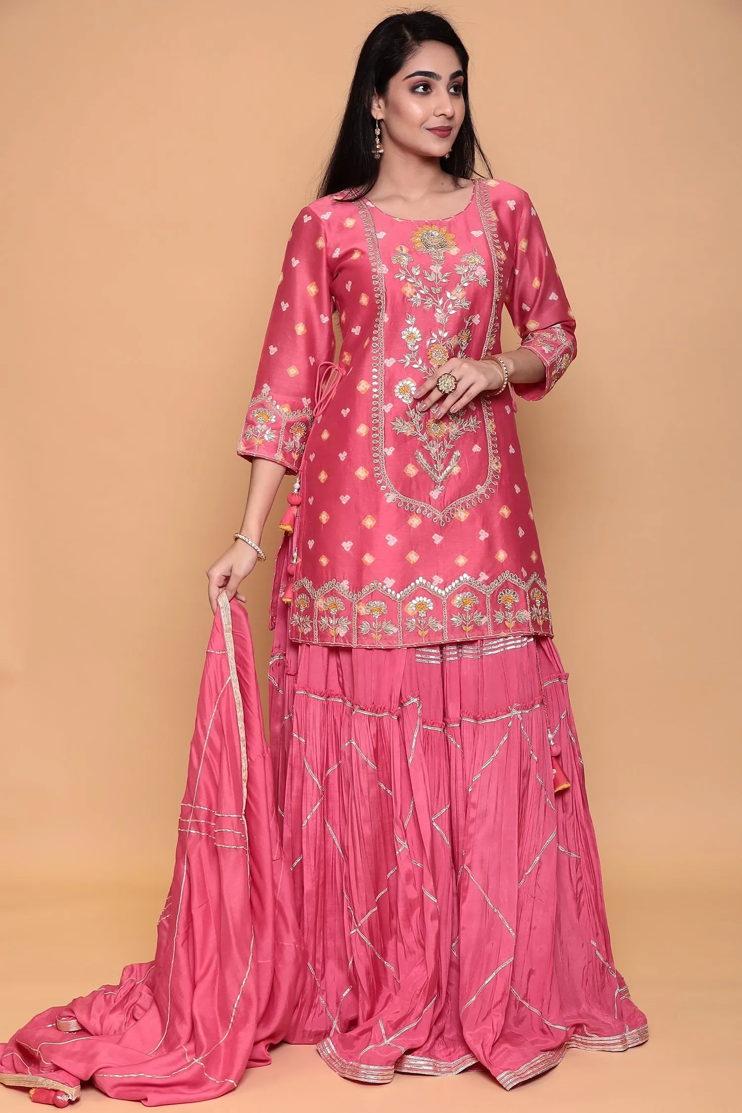 Bandhej Silk Suit with Gota, Gota Patti, Thread work.