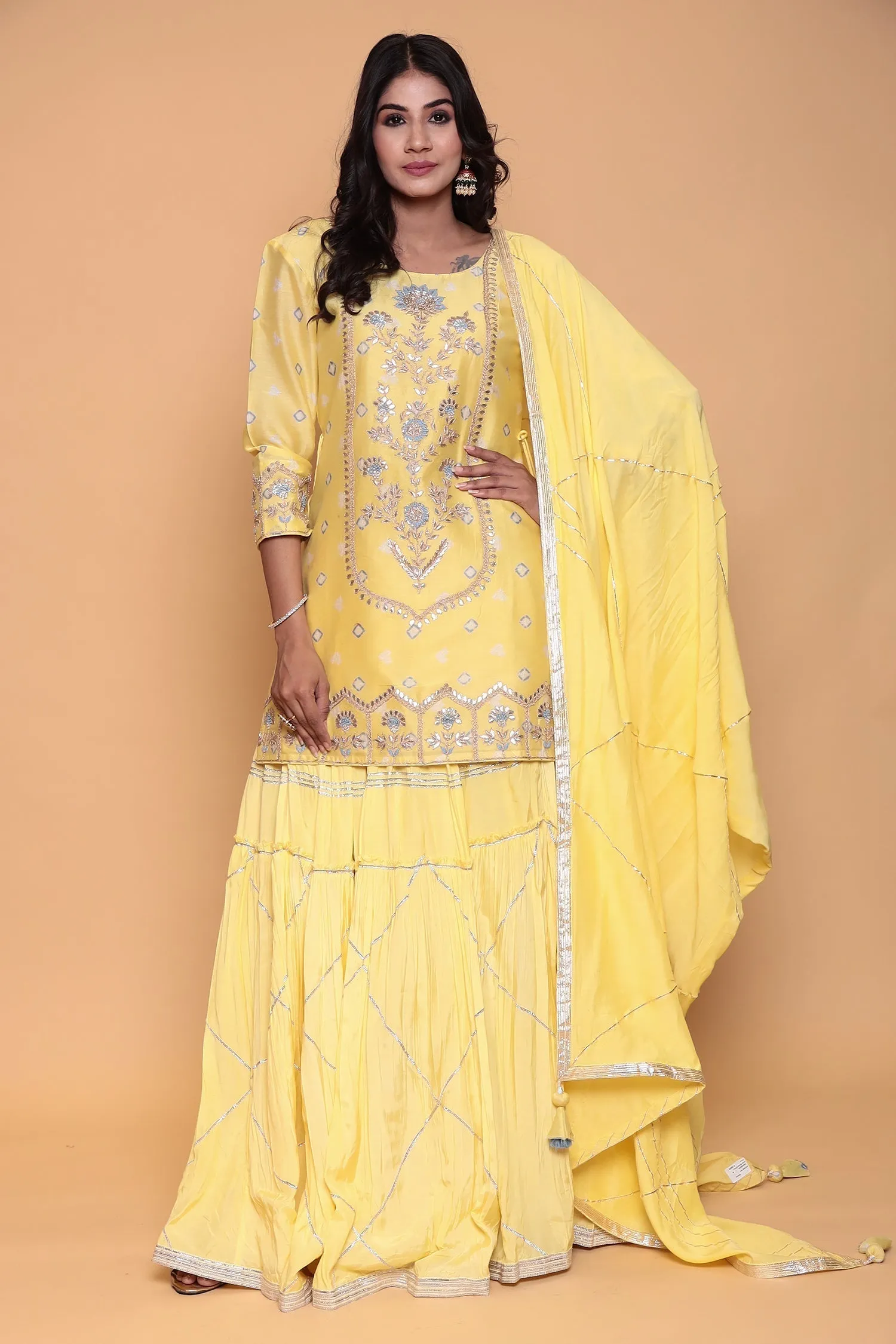 Bandhej Silk Suit with Gota, Gota Patti, Thread work.