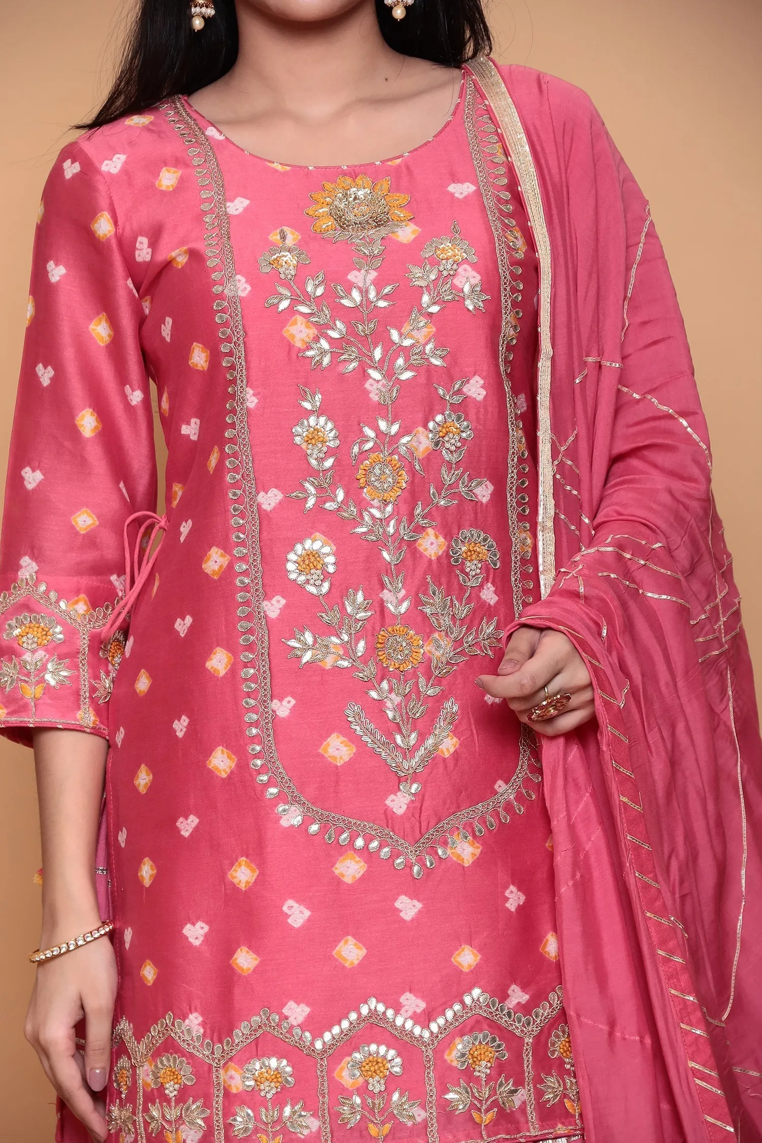 Bandhej Silk Suit with Gota, Gota Patti, Thread work.