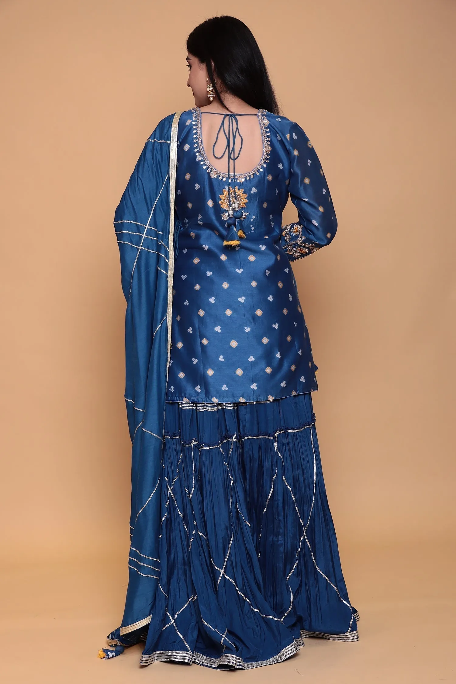 Bandhej Silk Suit with Gota, Gota Patti, Thread work.