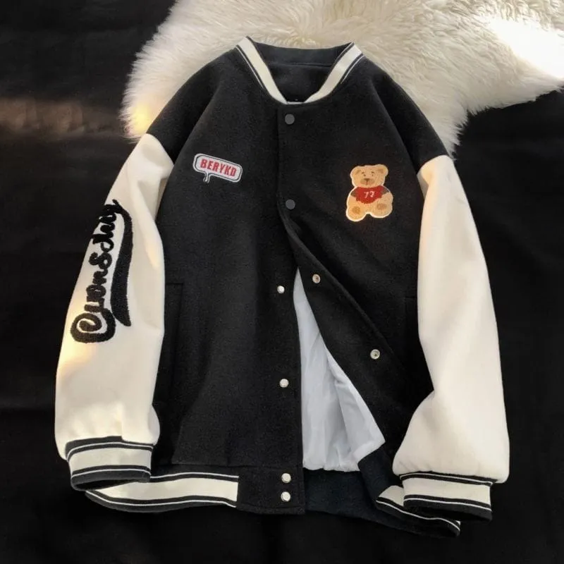 Bear embroidered baseball jacket