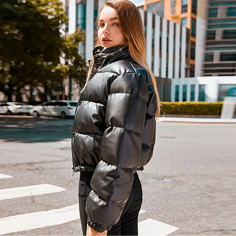 BerriesJam - 2024 PU Leather Short Zipper Black Cotton Padded Down Jacket