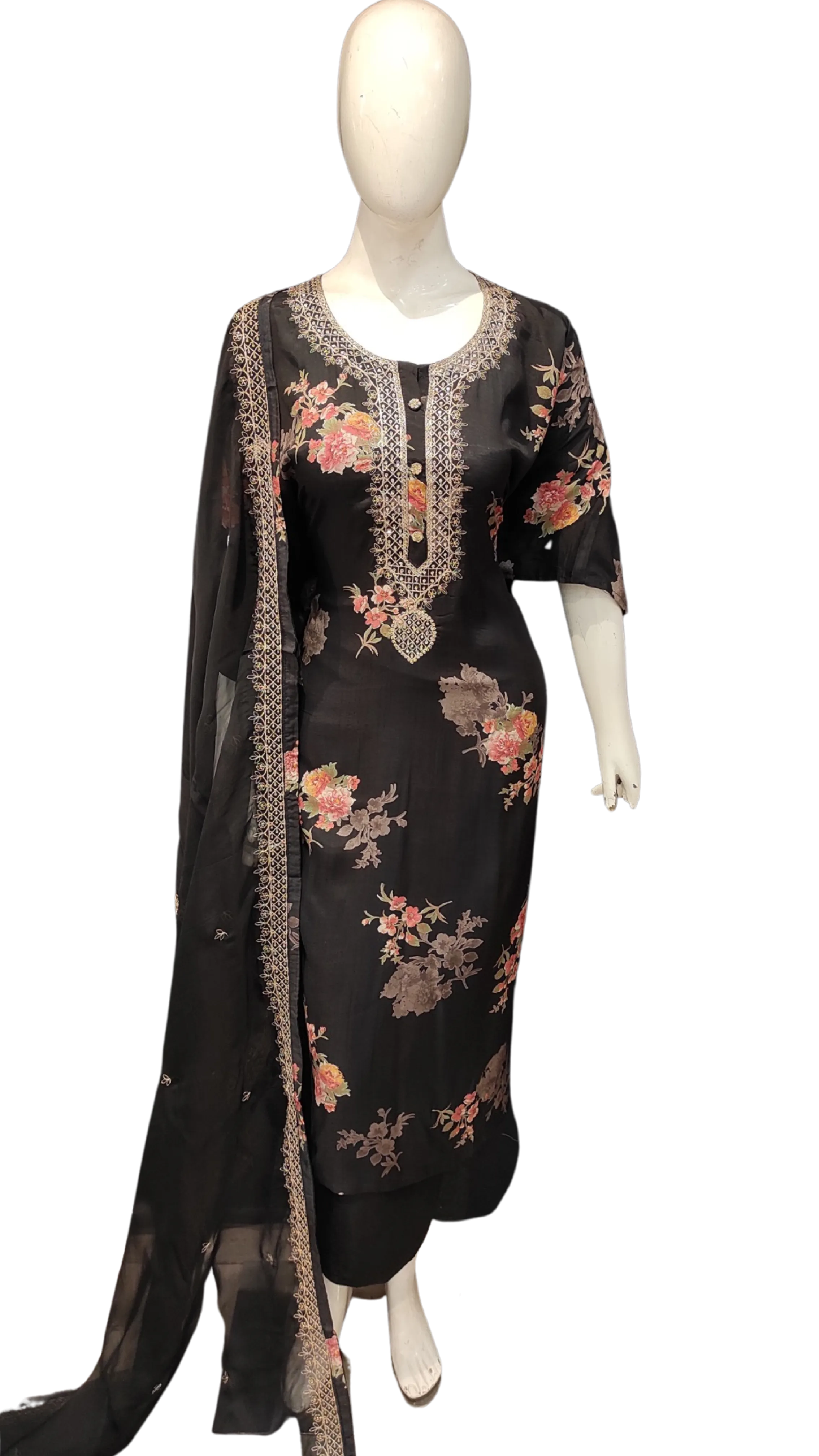 Black Printed Semi Stitched Suit with Dupatta