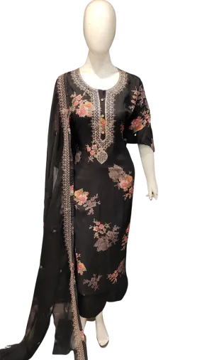 Black Printed Semi Stitched Suit with Dupatta