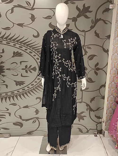 Black Raw Silk Plazzo with Hand Embroidery