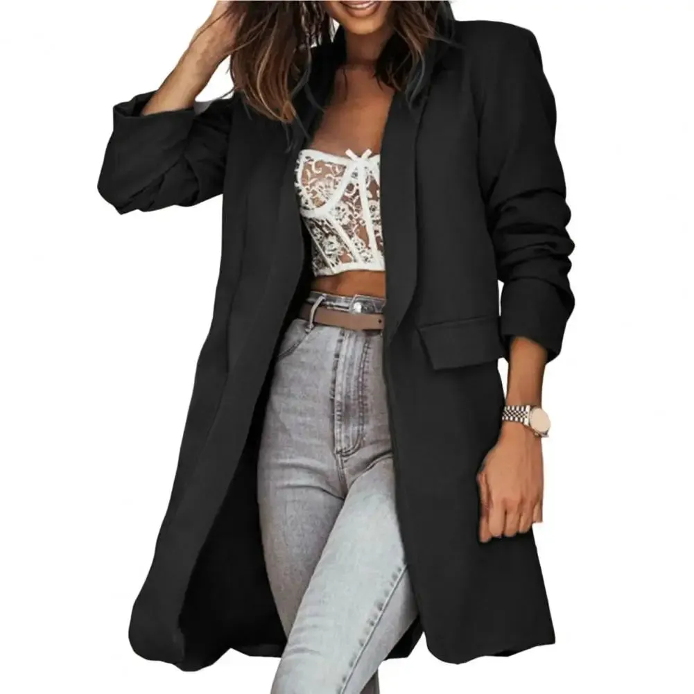 Blazer Office Lapel Cardigan Long Sleeves Mid-Length Oversized Women Autumn Winter Solid Color Suit Coat