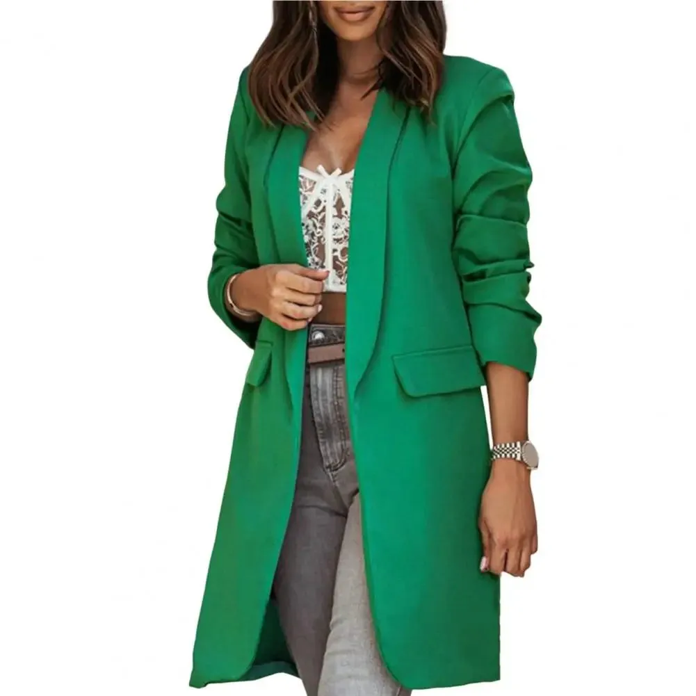 Blazer Office Lapel Cardigan Long Sleeves Mid-Length Oversized Women Autumn Winter Solid Color Suit Coat