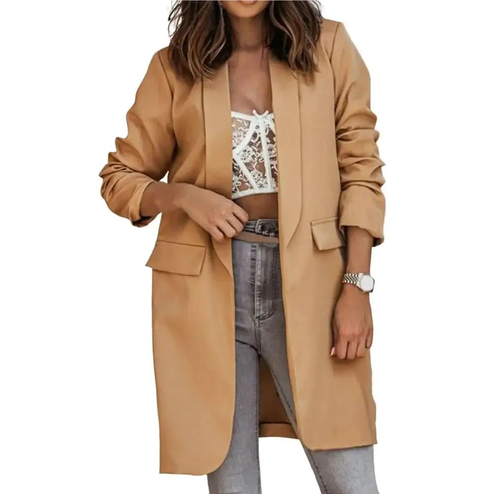 Blazer Office Lapel Cardigan Long Sleeves Mid-Length Oversized Women Autumn Winter Solid Color Suit Coat