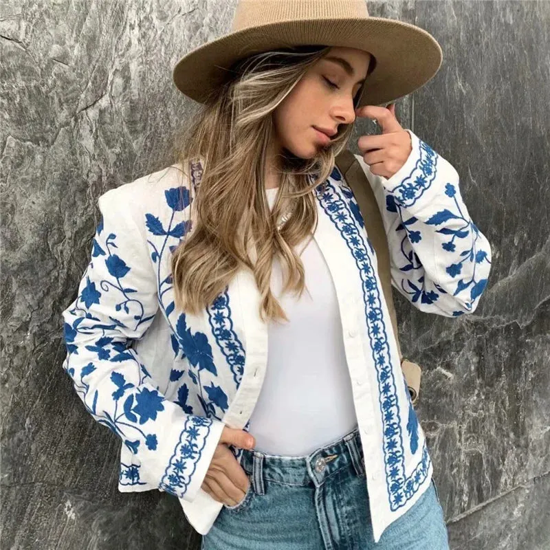 Blue Embroidery Chic Loose Soft Streetwear Floral Ladies Cotton 2024 Spring Female Outwear Jacket