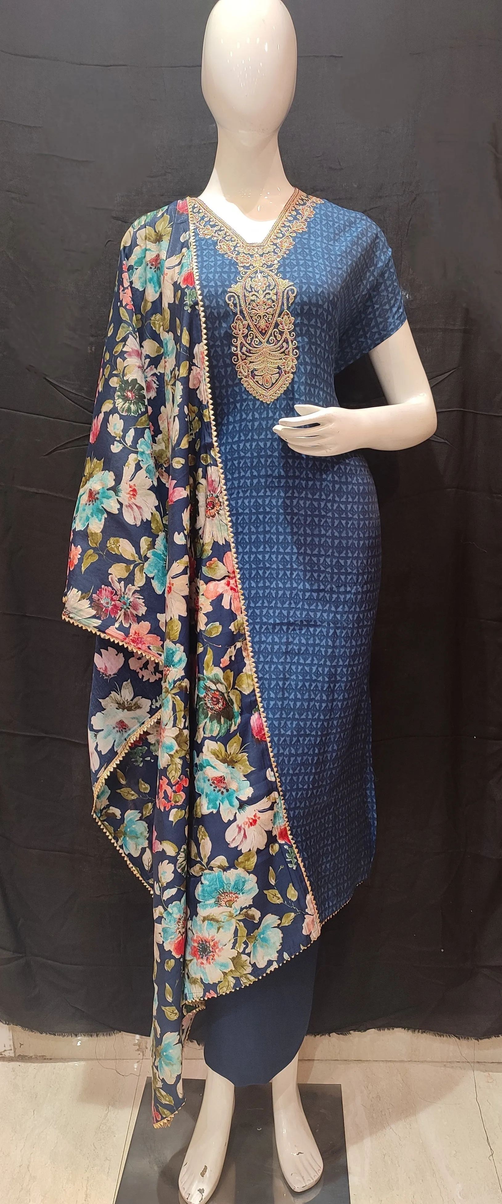 Blue Modal Silk Semi-Stitch Suit With Golden Zari Embroidery