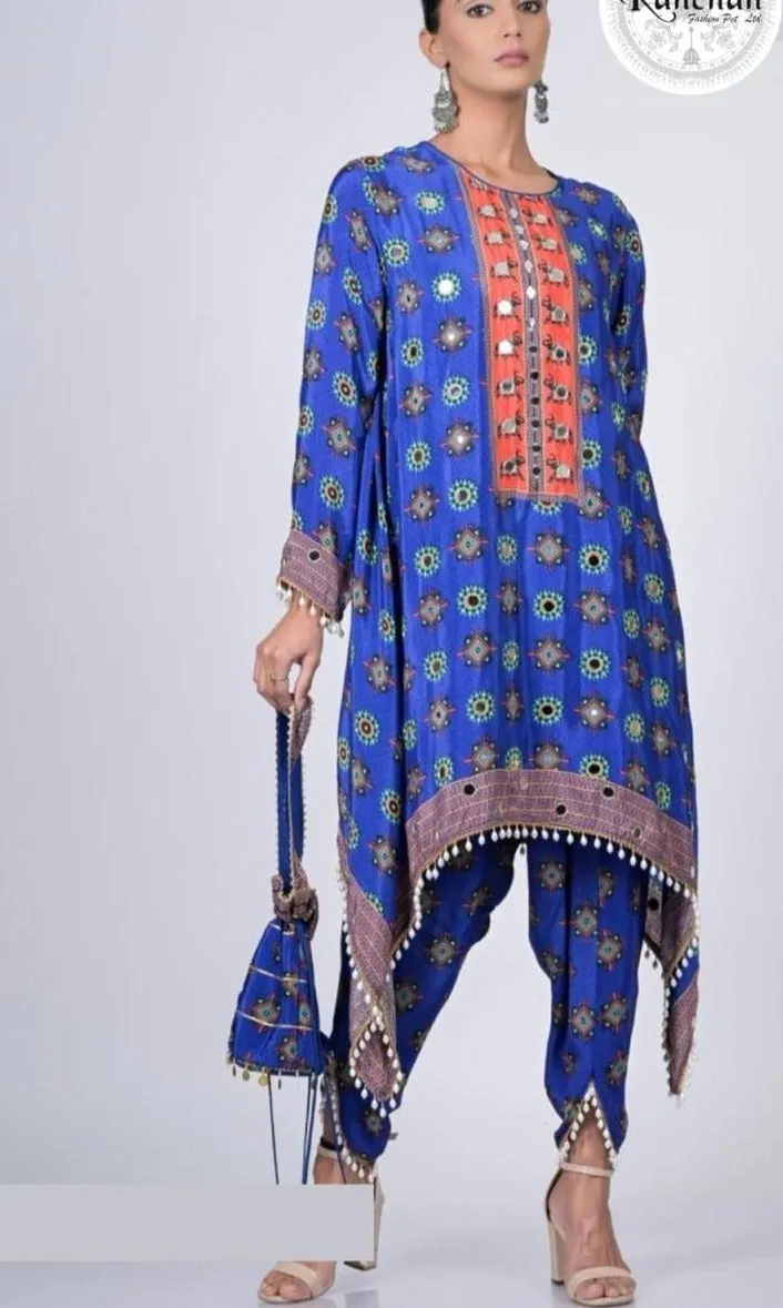 Blue Printed Dhoti Set with Potli