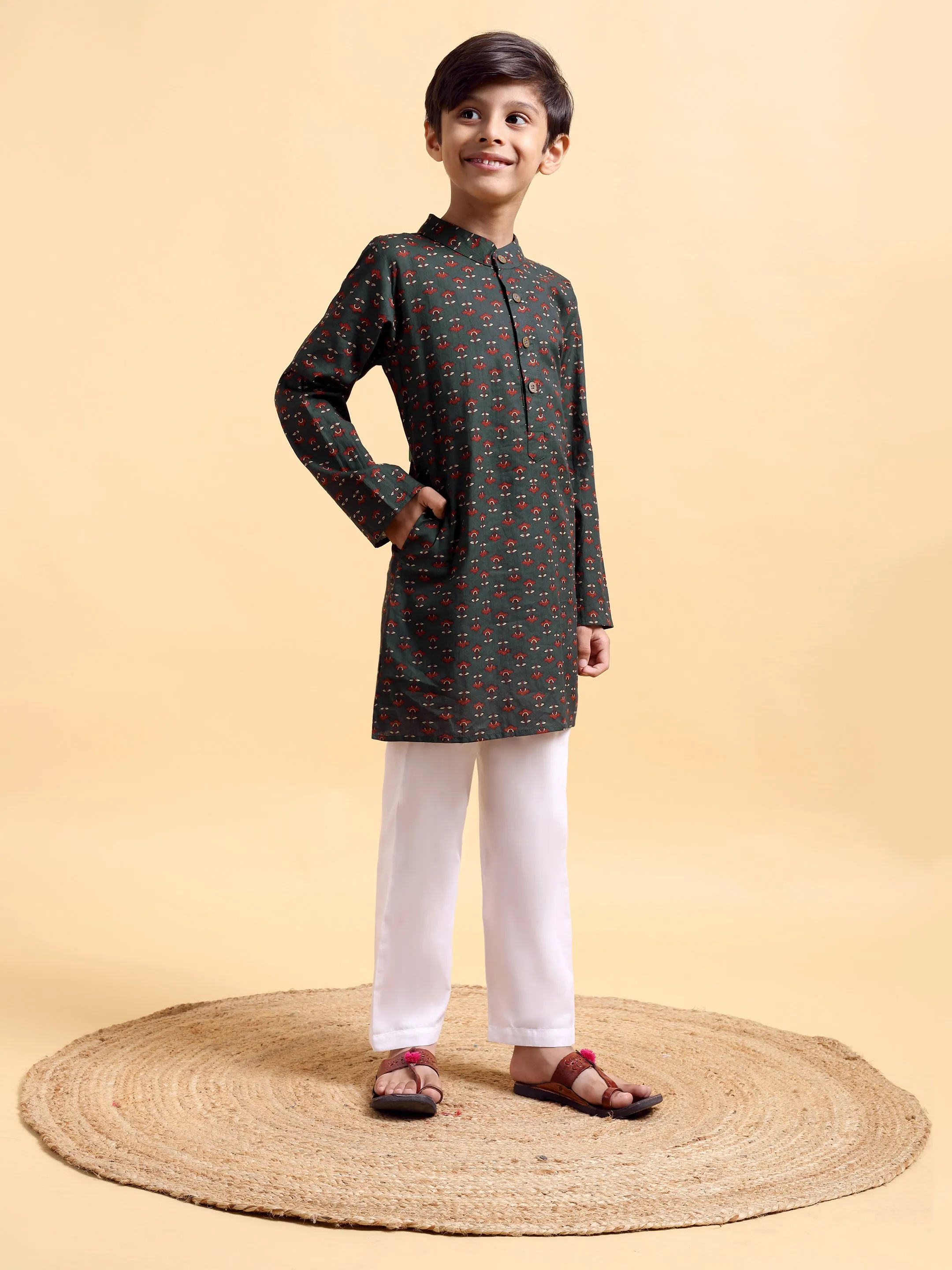 Boys Ajrak Bottle Green Print Cotton Kurta & Pajama