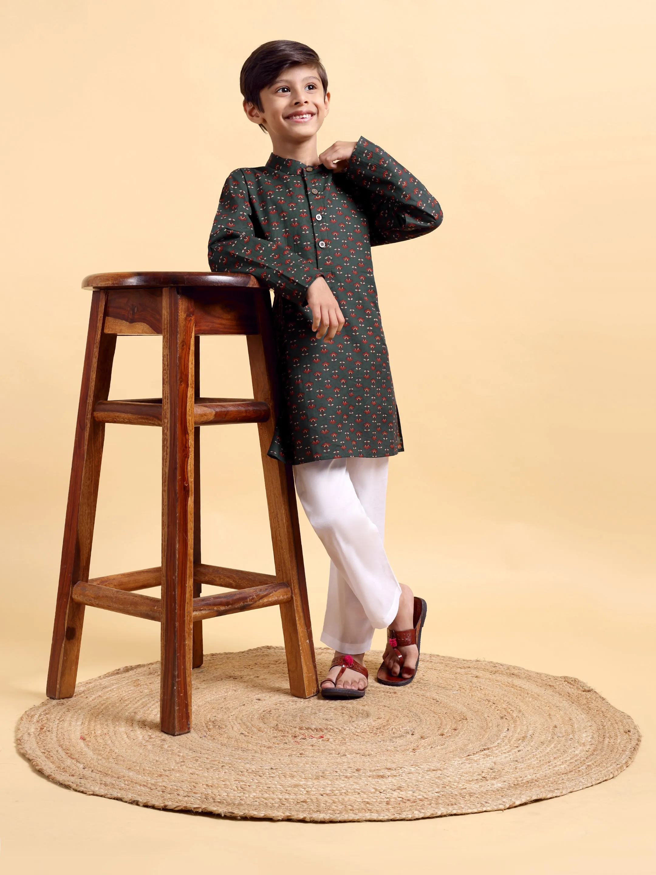 Boys Ajrak Bottle Green Print Cotton Kurta & Pajama