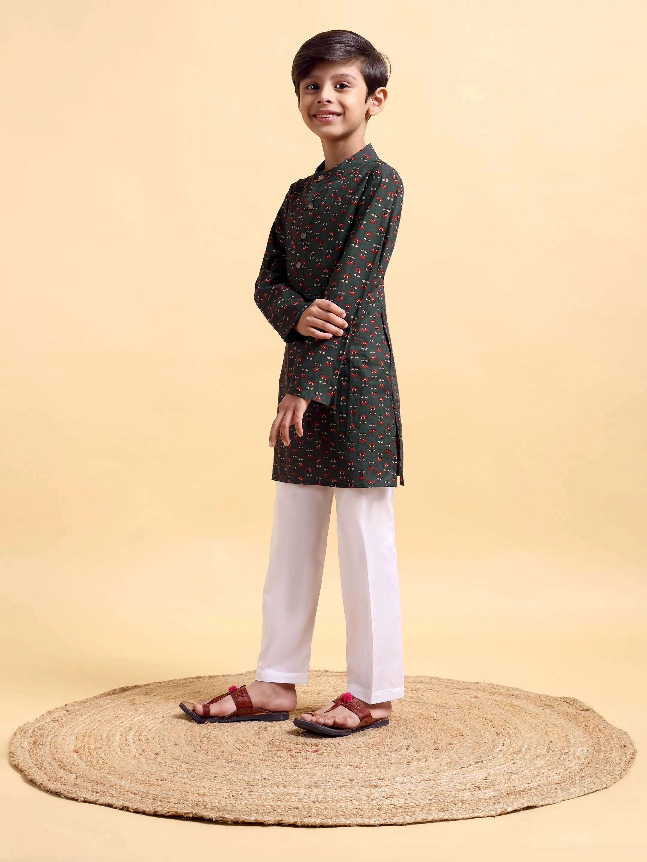 Boys Ajrak Bottle Green Print Cotton Kurta & Pajama