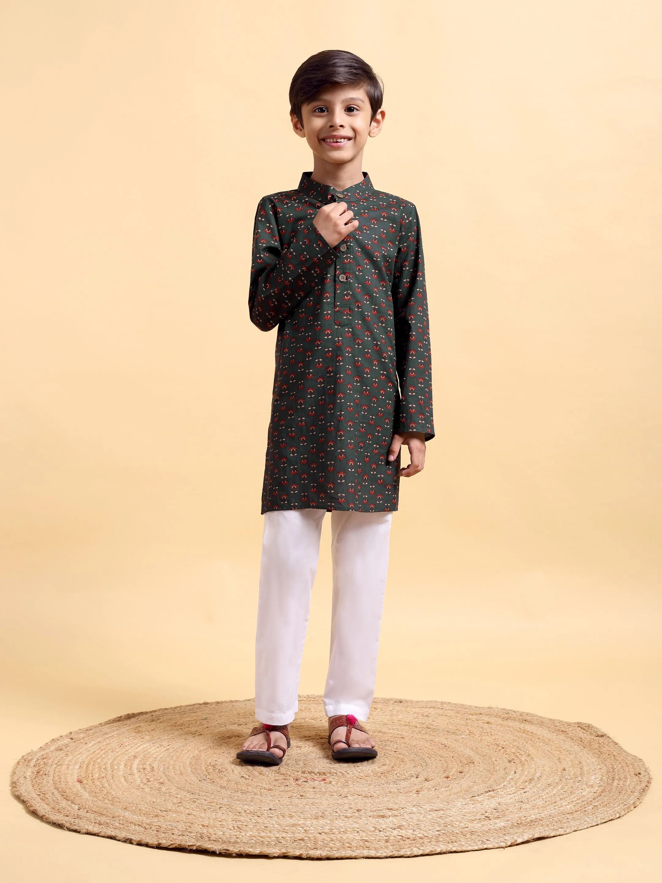 Boys Ajrak Bottle Green Print Cotton Kurta & Pajama