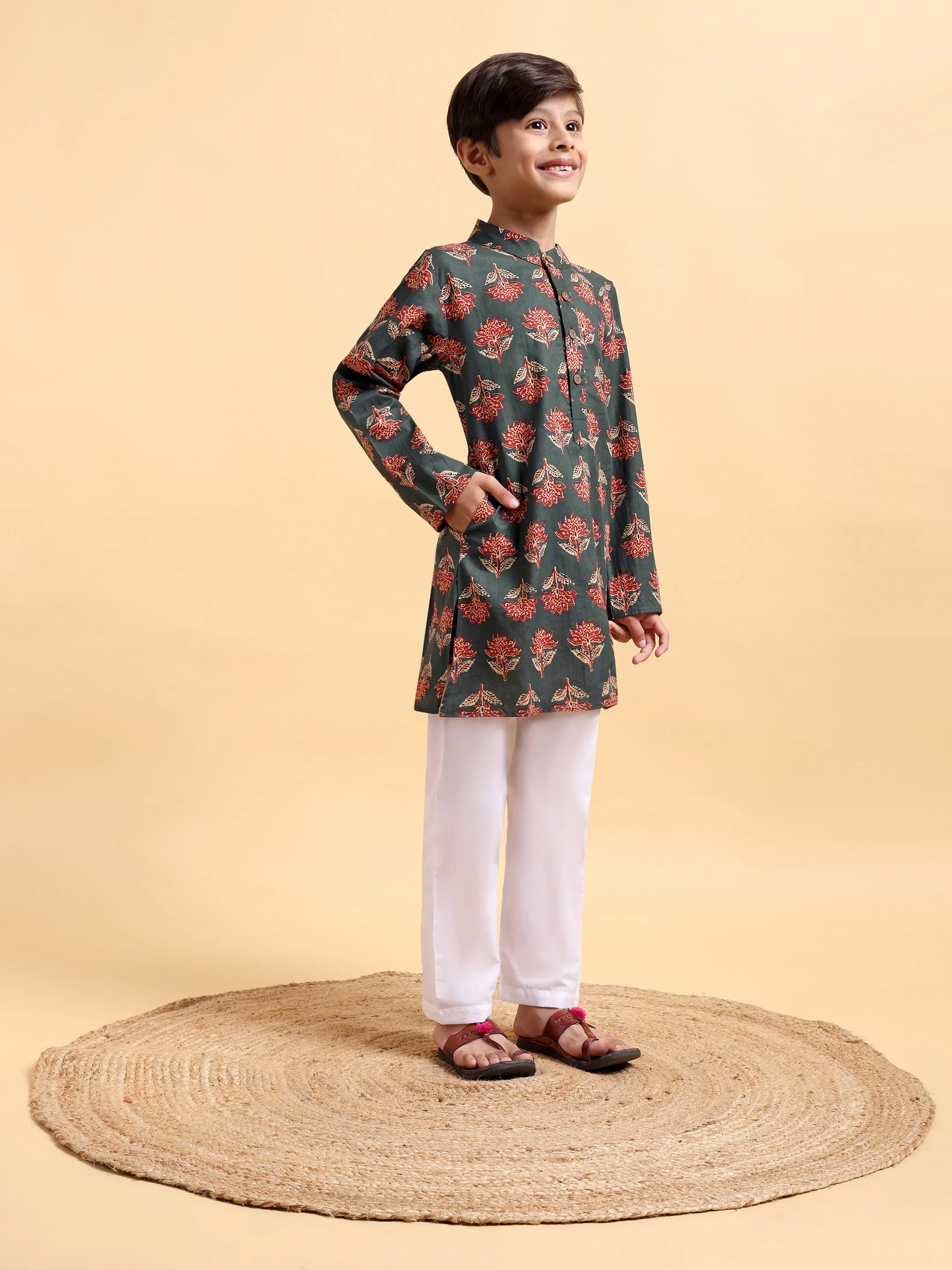 Boys Bottle Green Ajrak Print Kurta & Pajama