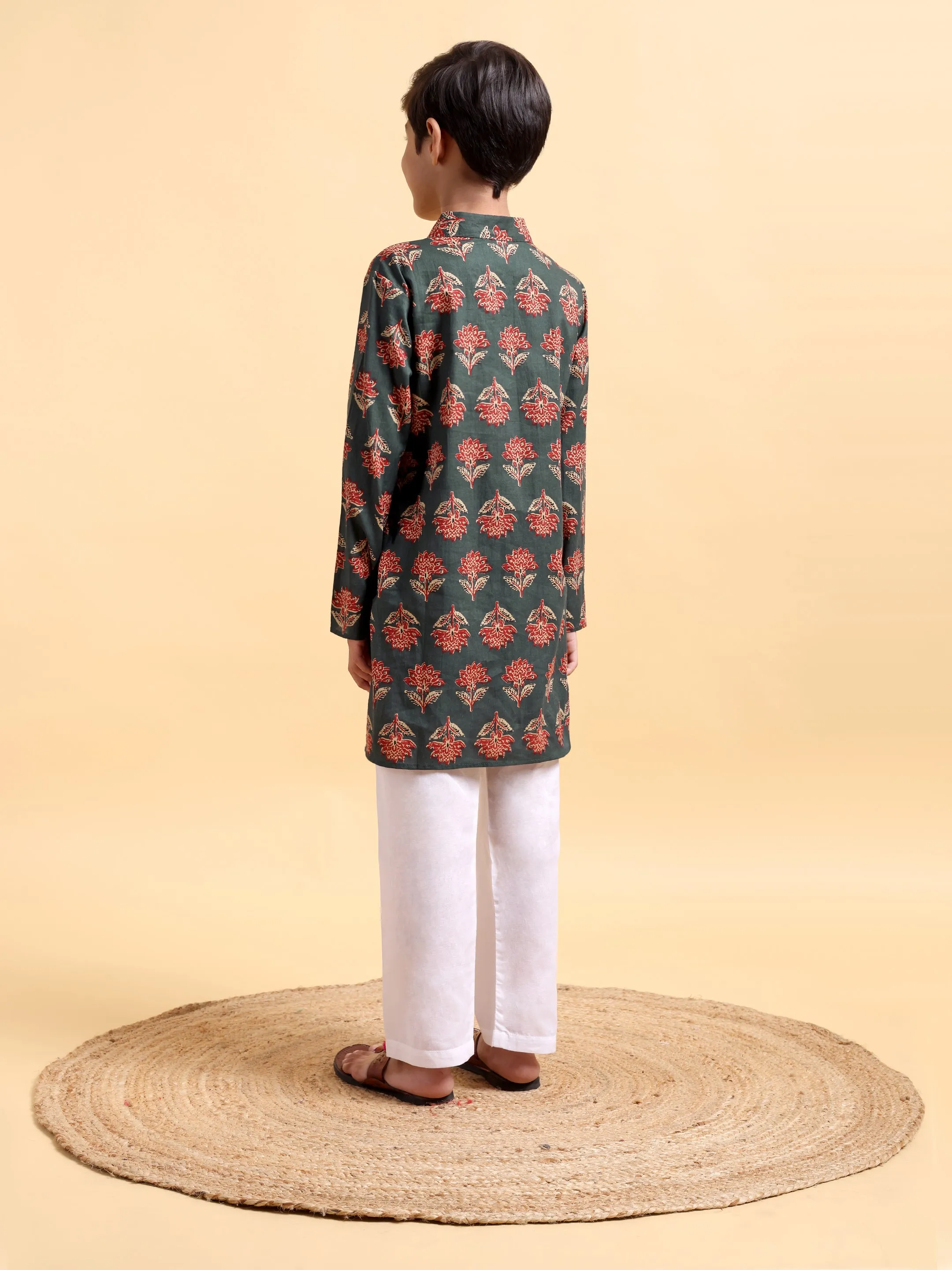 Boys Bottle Green Ajrak Print Kurta & Pajama