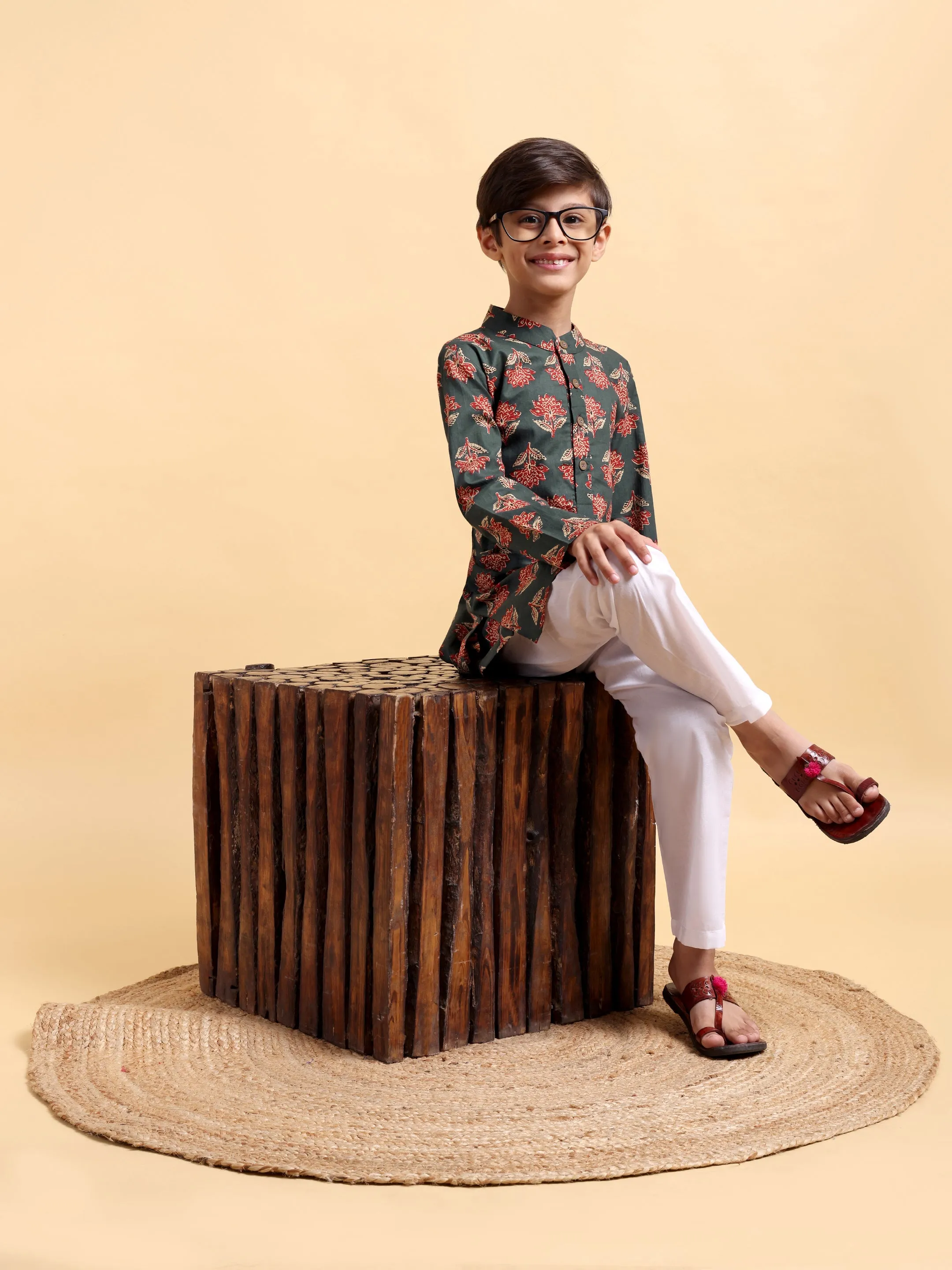 Boys Bottle Green Ajrak Print Kurta & Pajama