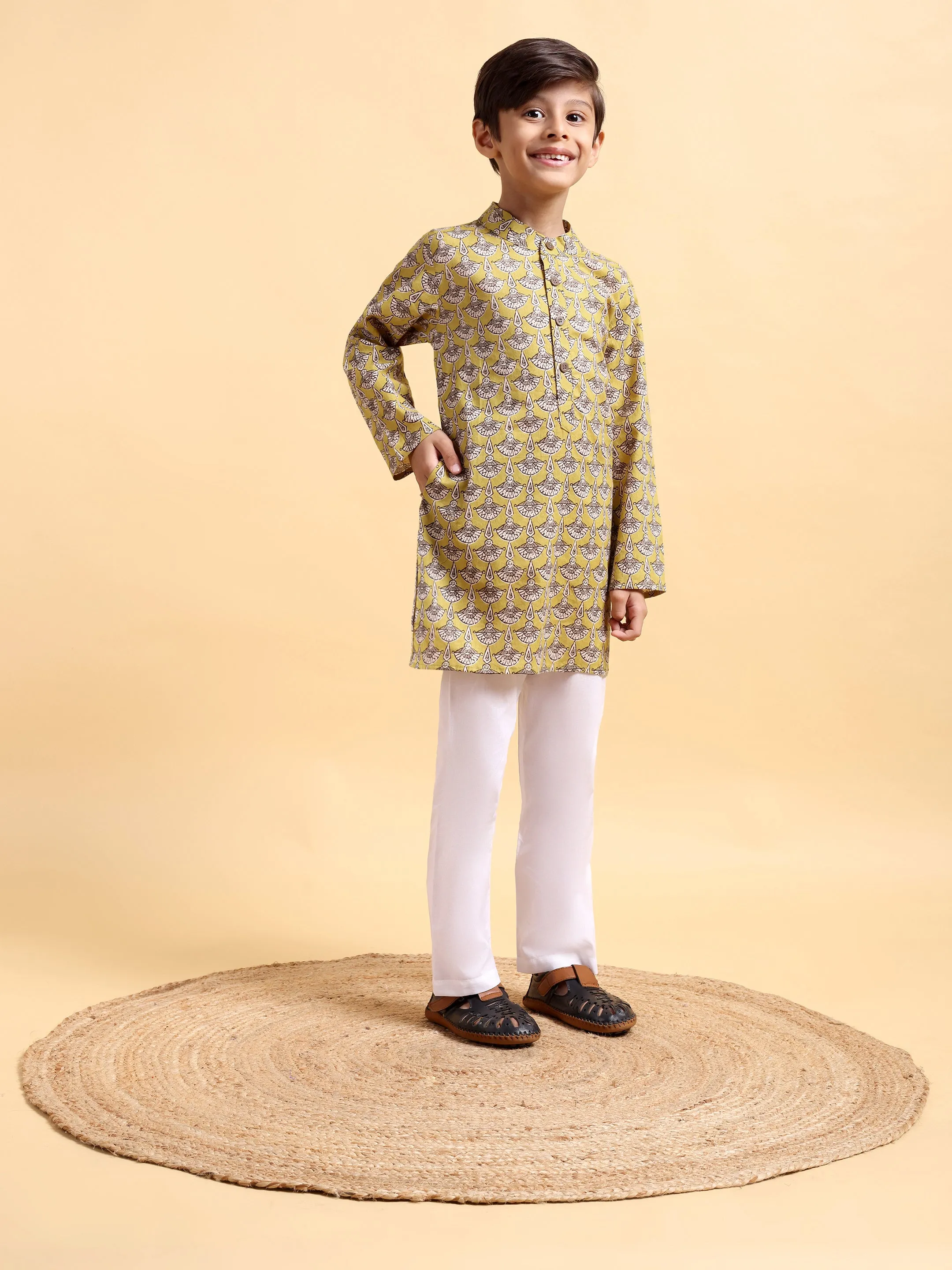 Boys Mustard Ajrak Kurta & Pajama