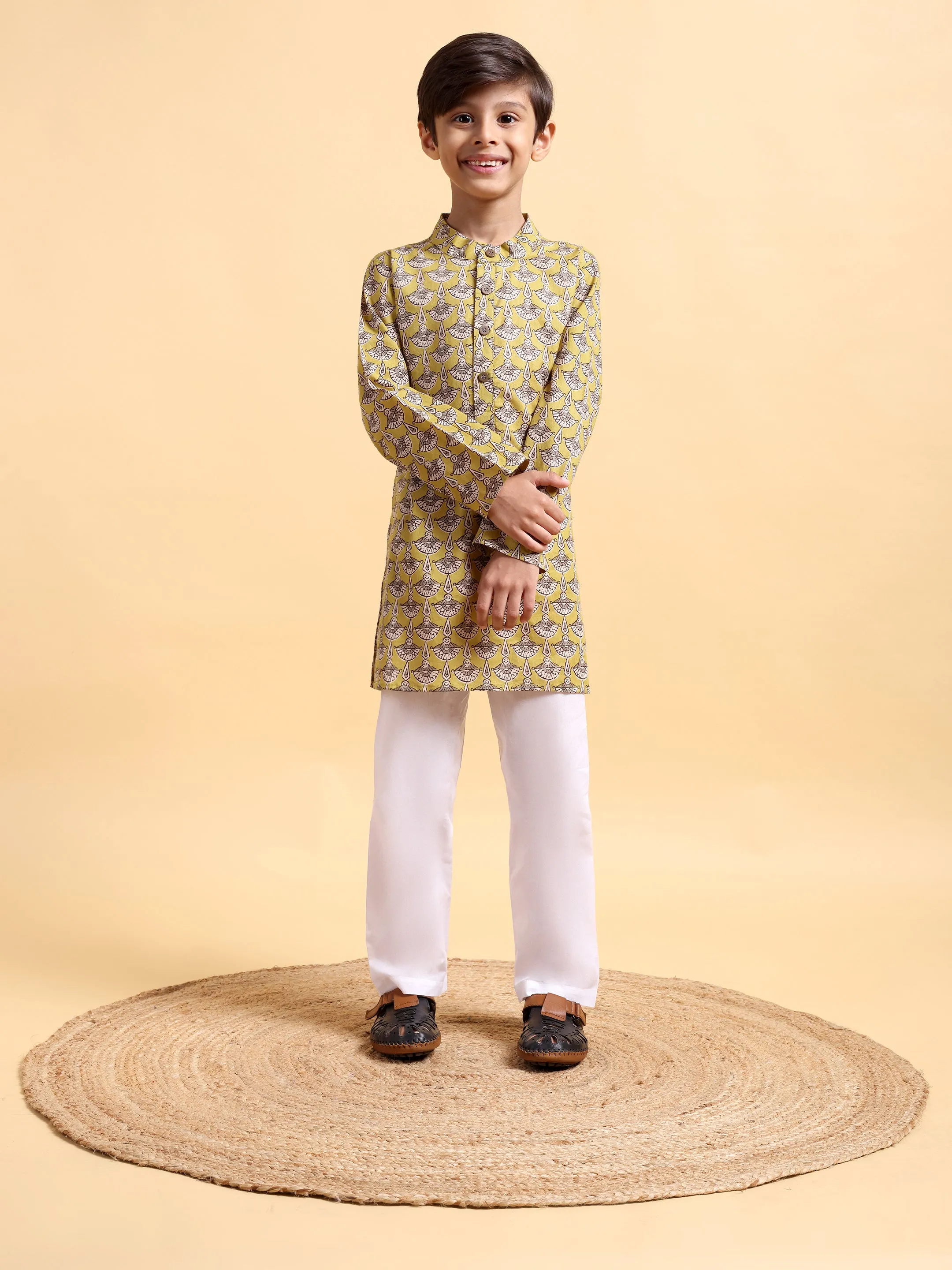 Boys Mustard Ajrak Kurta & Pajama