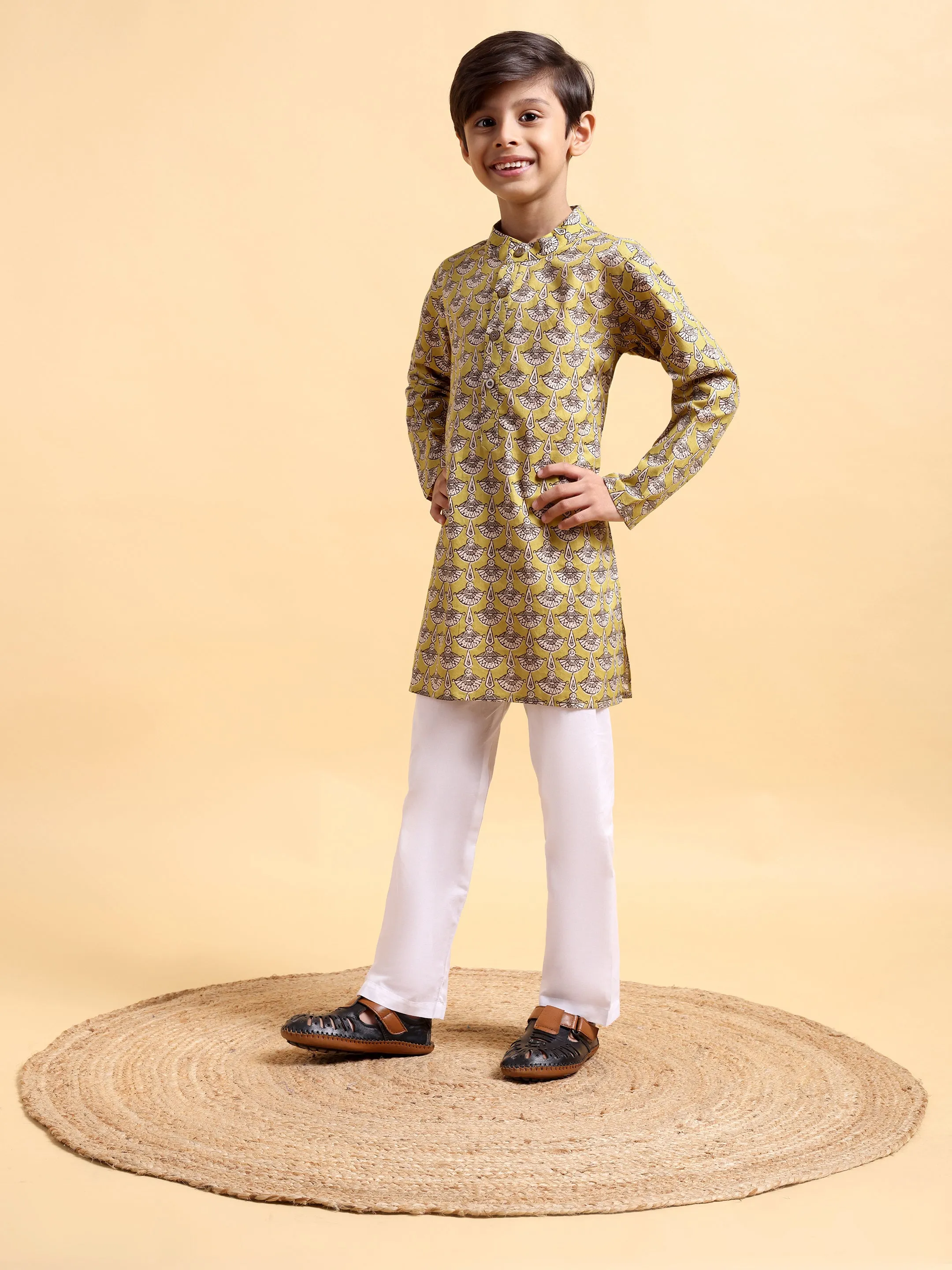 Boys Mustard Ajrak Kurta & Pajama