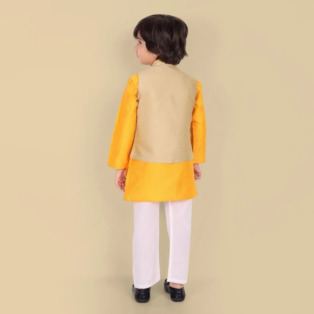 Boys Yellow Kurta with Cotton silk Jacket - Set of 3