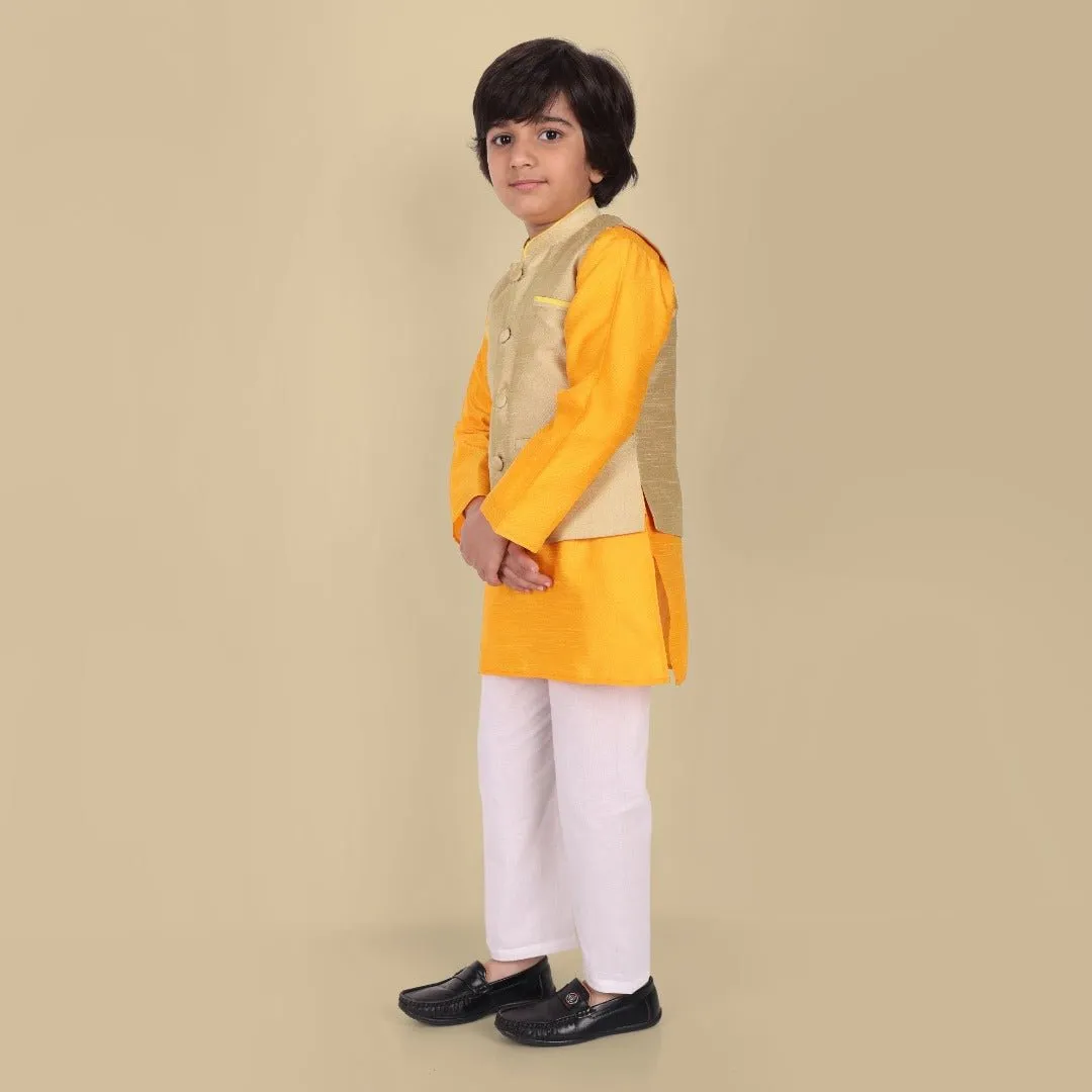 Boys Yellow Kurta with Cotton silk Jacket - Set of 3