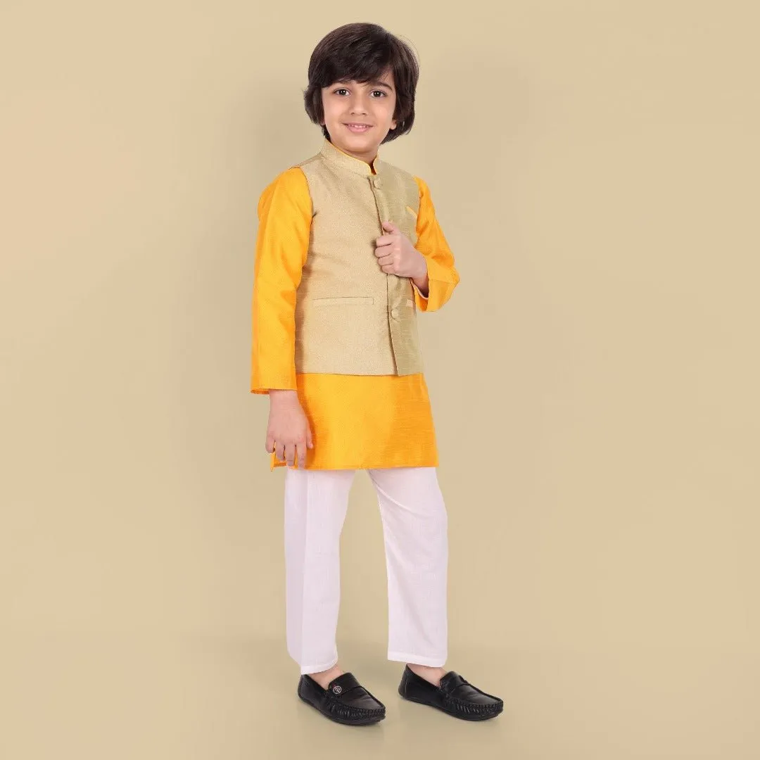 Boys Yellow Kurta with Cotton silk Jacket - Set of 3