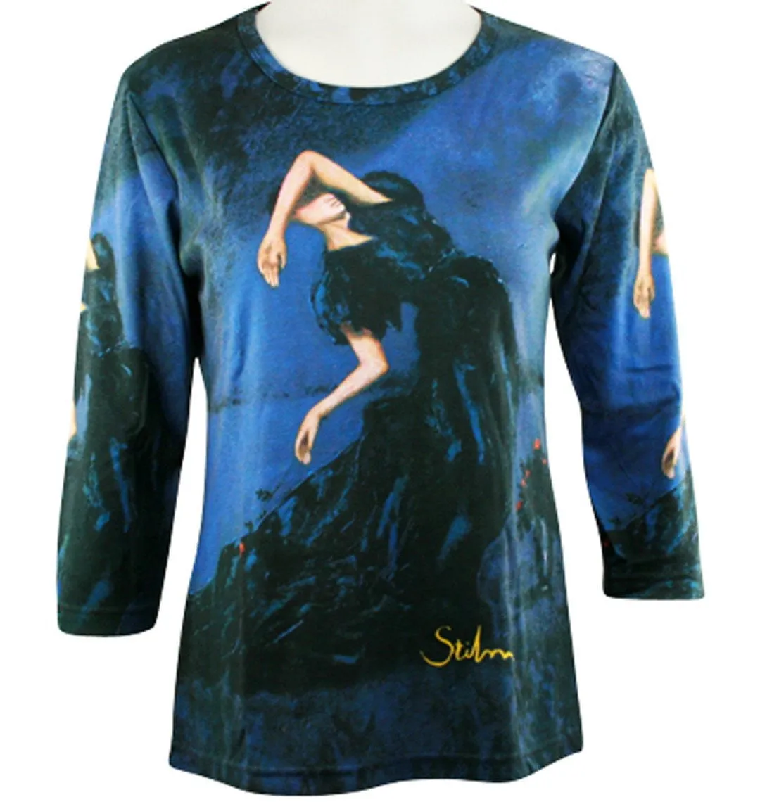 Breeke - Stilmans Dancer, Scoop Neck, Hand Silk Screened 3/4 Sleeve Artistic Top