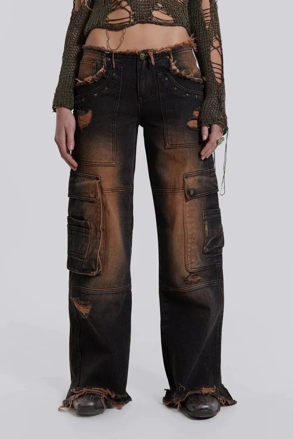 Brown Loose Hole Wash Denim Cargo Bottom