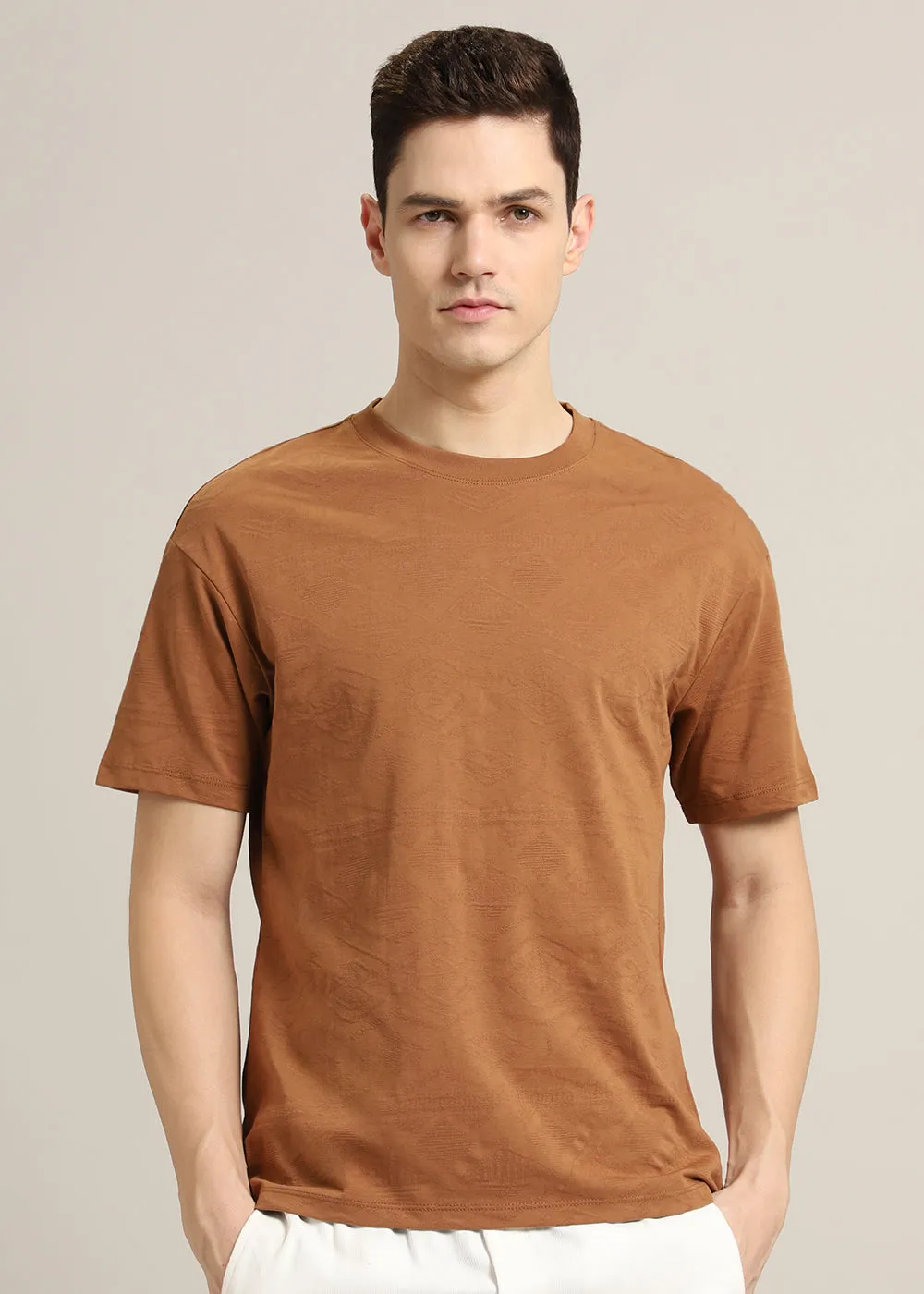 Brown Self Pattern Regular T-Shirt