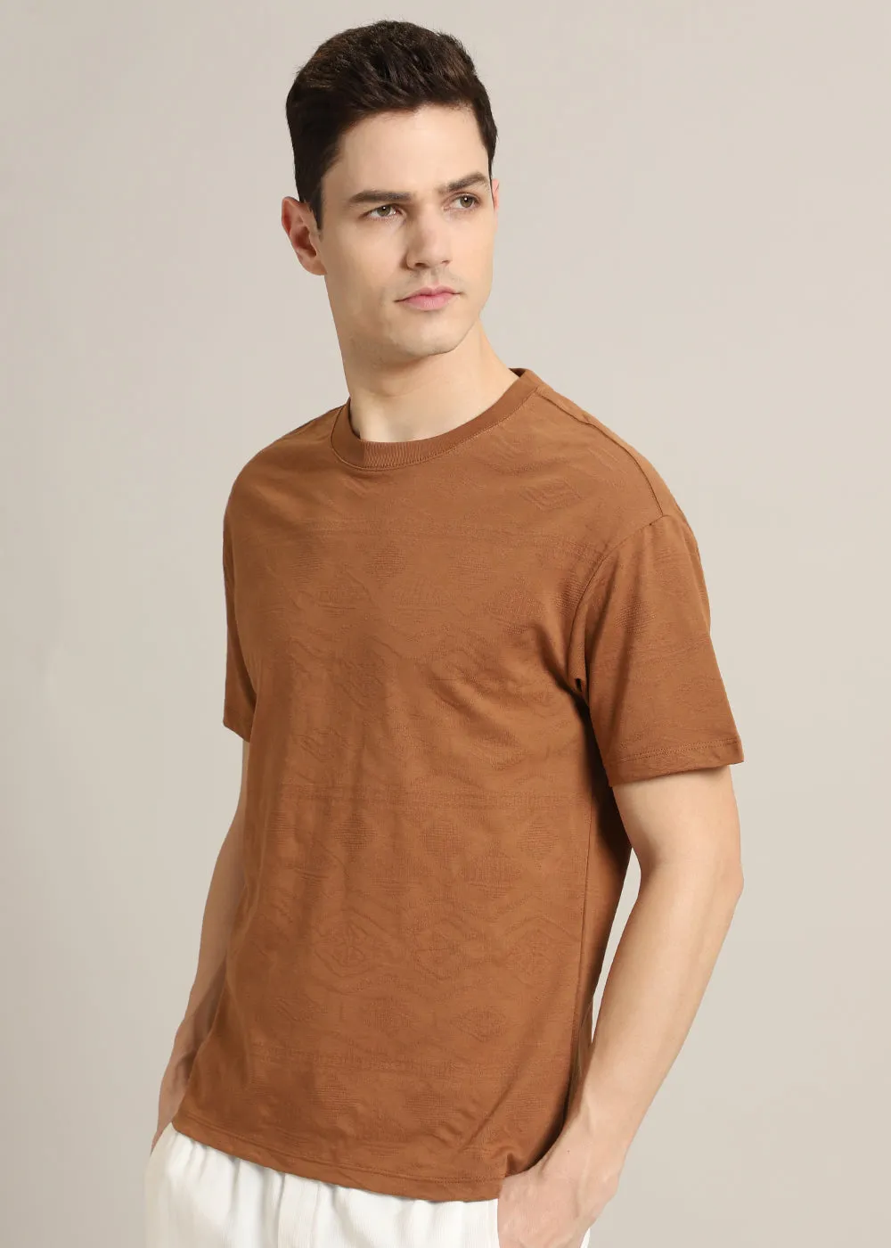 Brown Self Pattern Regular T-Shirt