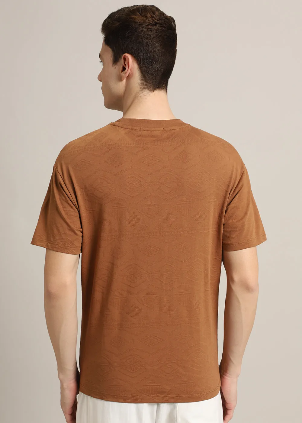 Brown Self Pattern Regular T-Shirt