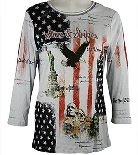 Cactus Fashion - Stars & Stripes, 3/4 Sleeve, Rhinestone Accents Cotton Print Top