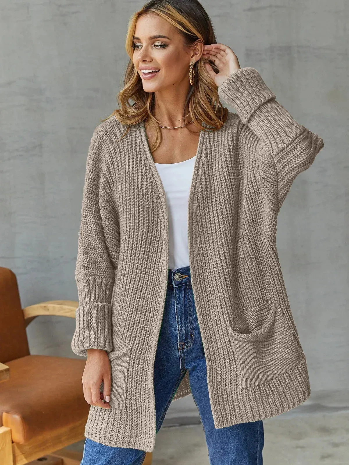 Cardigan Knit Sweater Women Spring Autumn Winter Sweater Heart Pocket Loose Maxi Coat