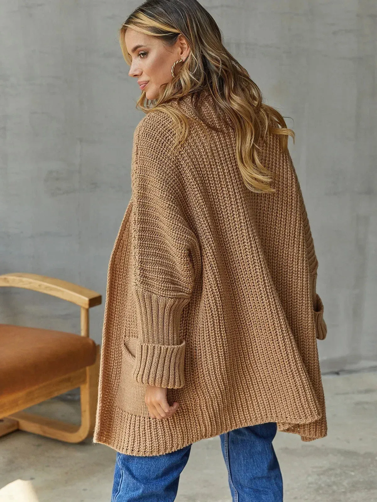 Cardigan Knit Sweater Women Spring Autumn Winter Sweater Heart Pocket Loose Maxi Coat