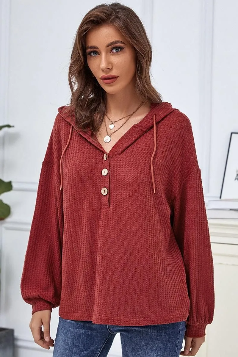 CASUAL SOLID COLOR BUTTON LOOSE HOODIE SWEATER