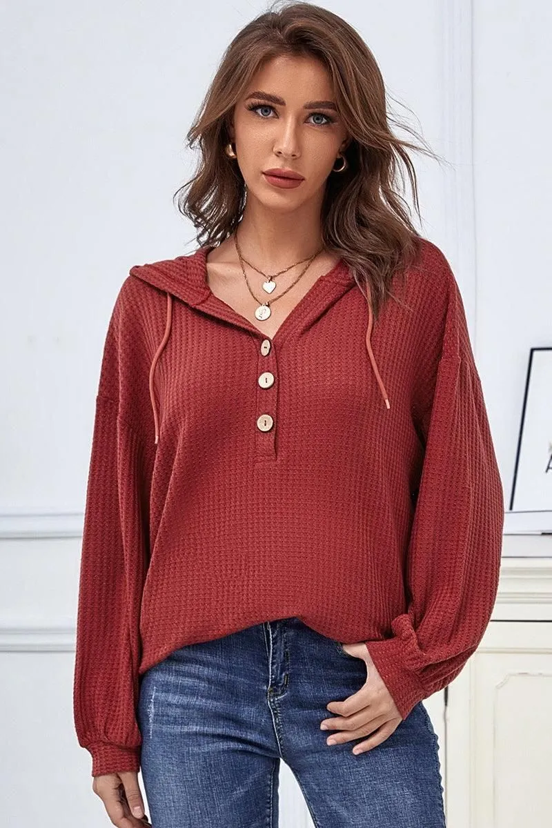 CASUAL SOLID COLOR BUTTON LOOSE HOODIE SWEATER