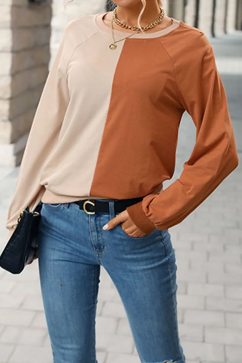 COLOR BLOCK ROUND NECK CASUAL TOP