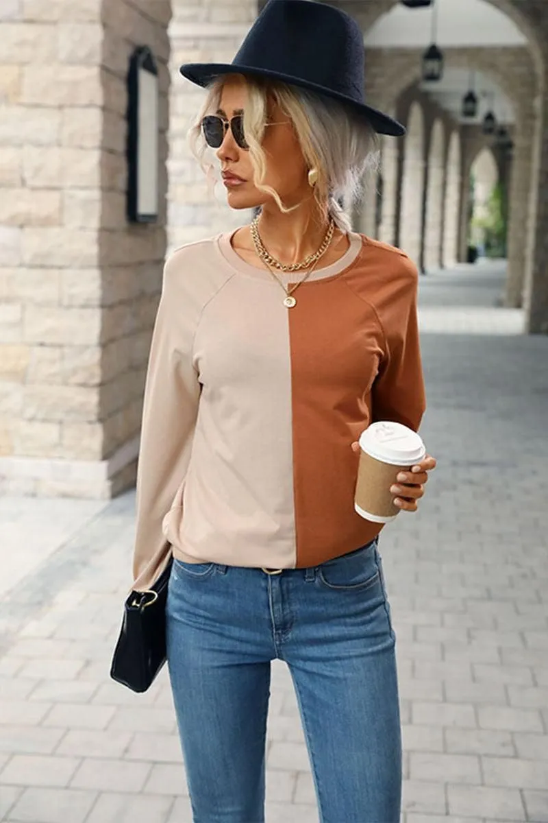 COLOR BLOCK ROUND NECK CASUAL TOP