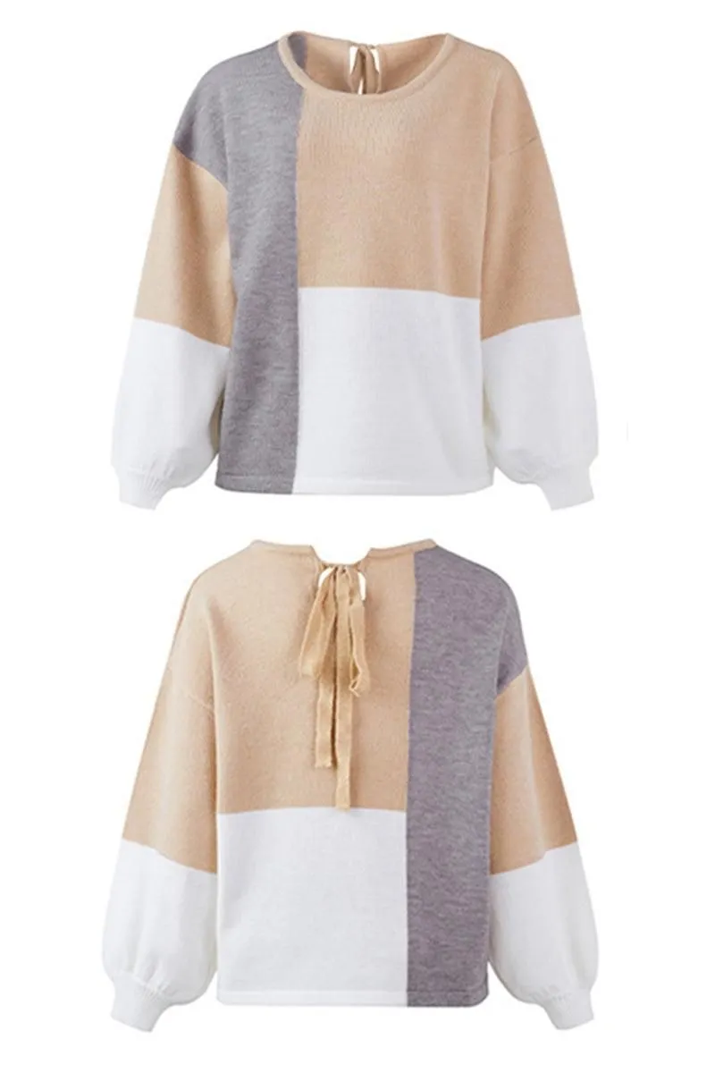 COLOR BLOCK TIED BACK SWEATER TOP