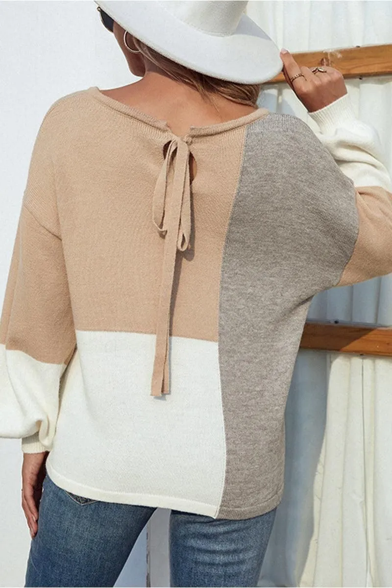 COLOR BLOCK TIED BACK SWEATER TOP